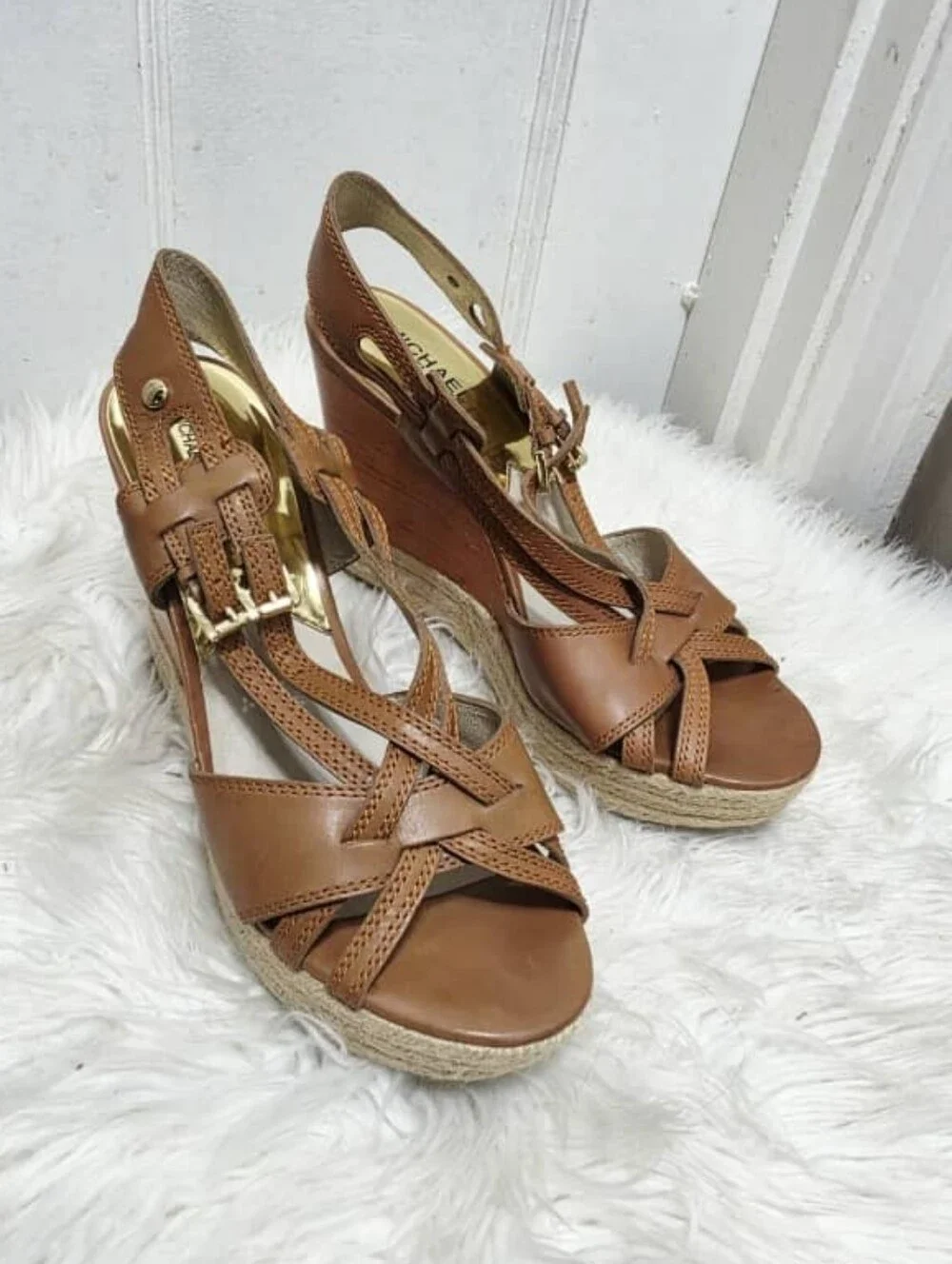 Michael Kors Keli Wedge Leather Espadrille Crossover Heel Sandal Brown Tan 10M